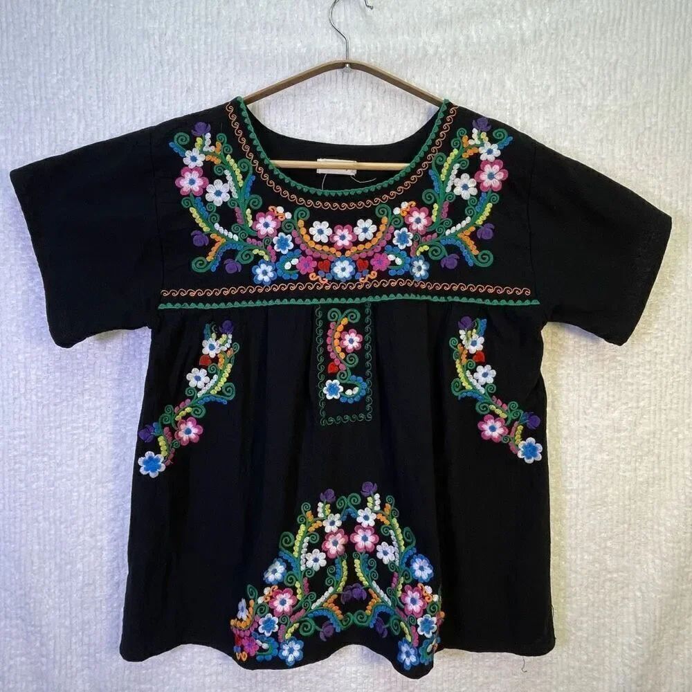YZXDORWJ Black Embroidered Floral Boho Peasant Blouse Large
